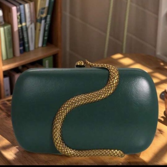 Elegant Green Clutch with Gold Snake Accent